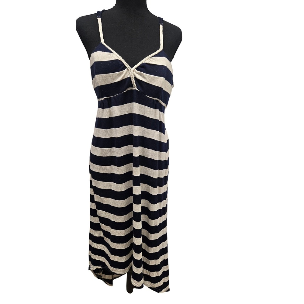 No Boundaries Navy White Striped Maxi Dress Large Crochet Racerback Coastal